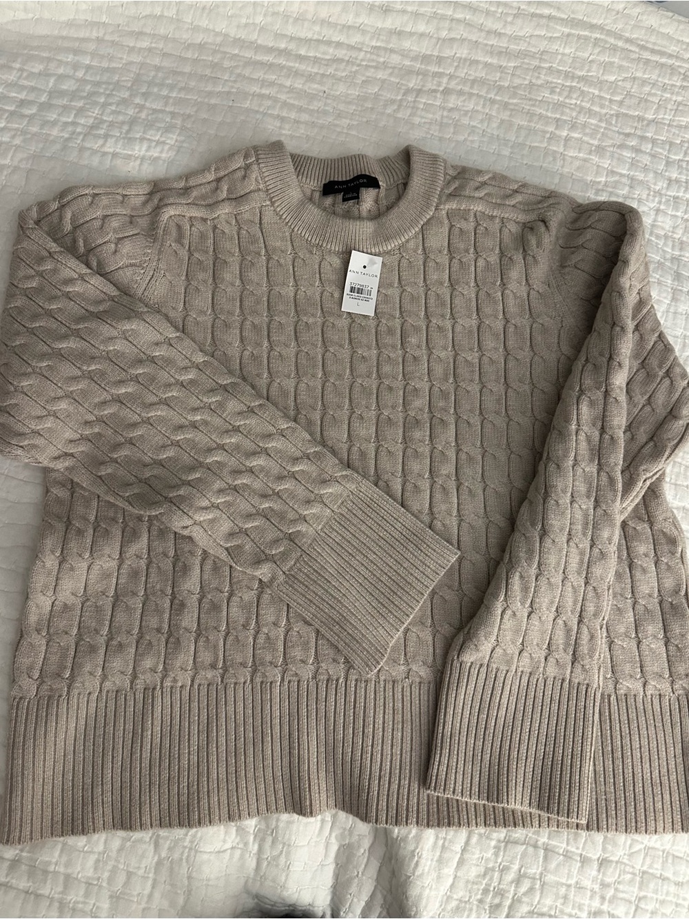 NTW Ann Taylor Cable Knit Crewneck Sweater - tan, taupe, mushroom Large L